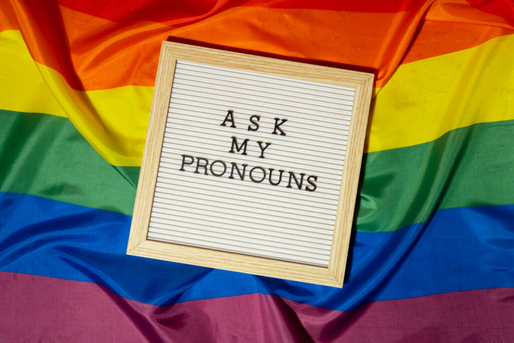 Ask my pronouns written on board on top of pride flag.